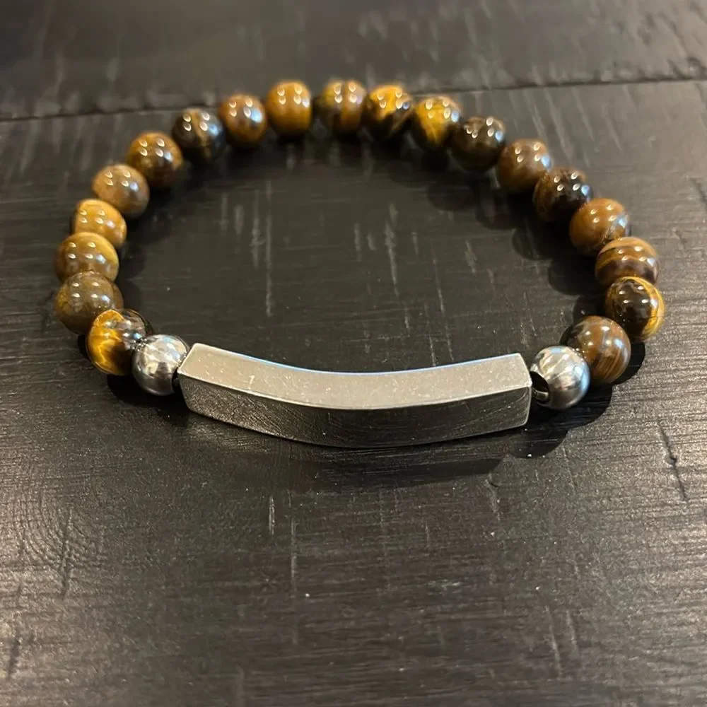 Steeltime Tigers Eye Beaded Stretch Stainless Steel Bracelet​ Gift Protection